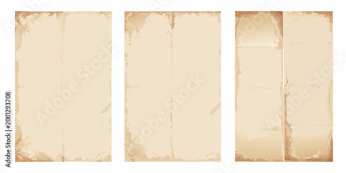 Foto three vertical sheets of old folded beige paper on white background document par