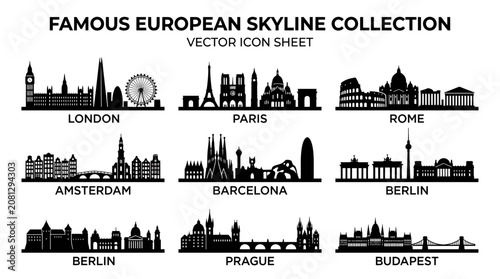 Famous European City Skylines Vector Icons - London, Paris, Rome, Amsterdam, Barcelona, Berlin, Prague, Budapest
