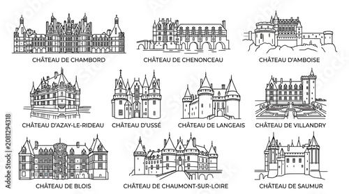 Bild auf Leinwand French Chateaux Line Art Collection: Loire Valley Castles Illustration