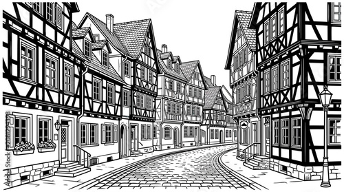 Obraz na plátně Historic European Town Street Scene with Half-Timbered Houses and Cobblestone Ro