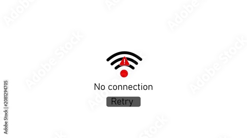 No internet connection error with retry button animation on white background, no connection offline wifi