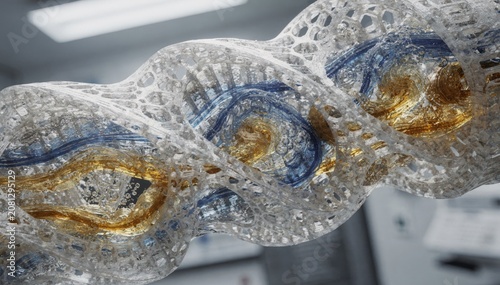 Closeup medium view of a helical reactor internal designed to optimize fluid dynamics and improve specialty chemical reactions through advanced additive manufacturing.