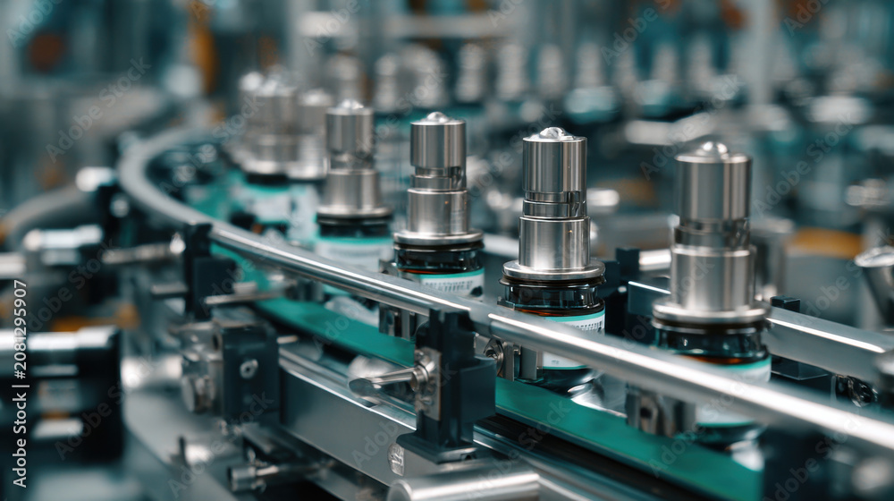 Fototapeta premium Automated Industrial Production Line for Precision Components Moving on Conveyor Systems in a High-Tech Manufacturing Facility