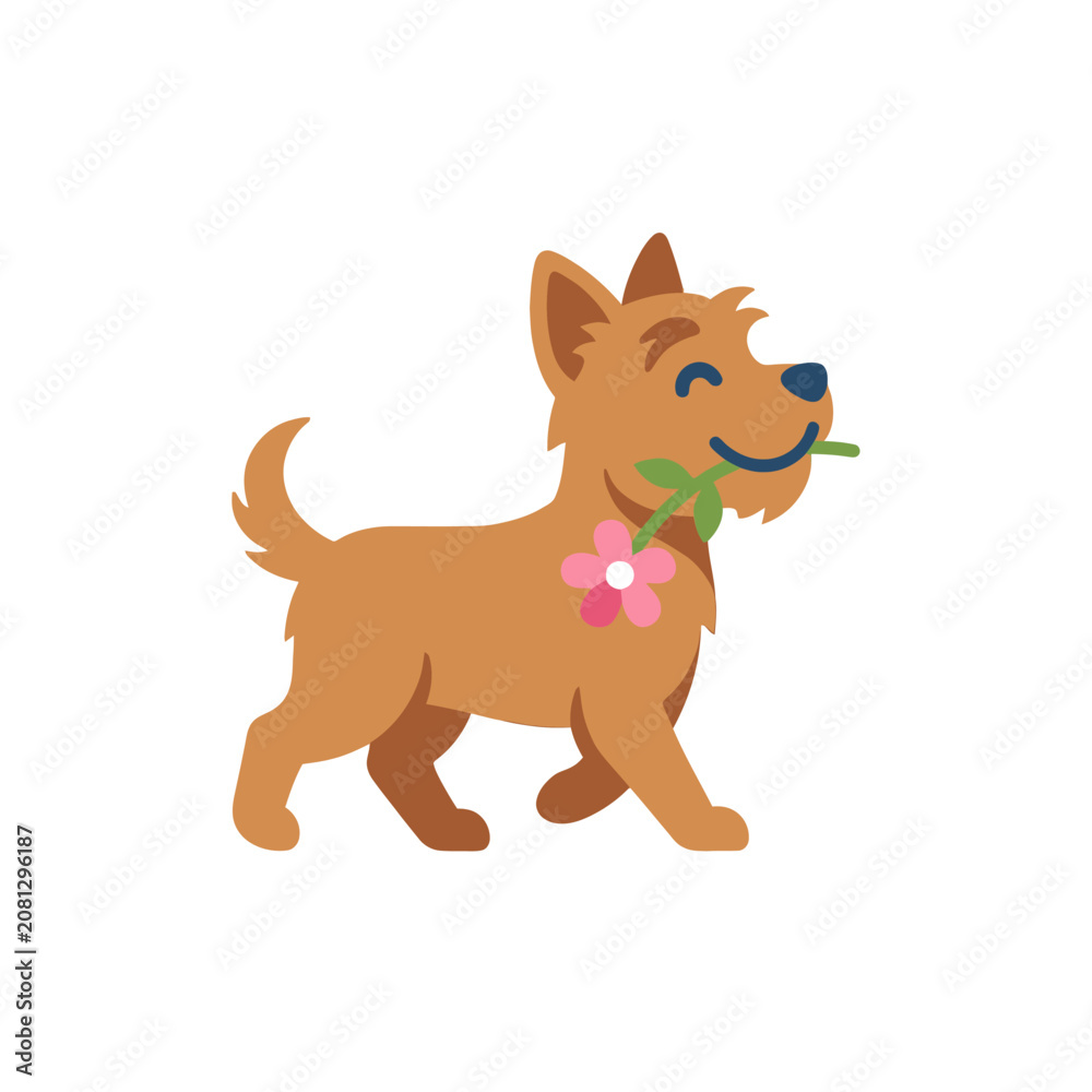 Obraz premium Cute brown dog walking with a flower in its mouth.