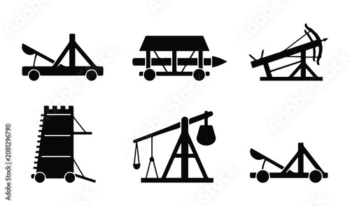 Quadro su tela Ancient siege weapons set icon Silhouette Vector black design on a white backgro