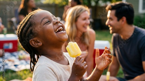 A Black girl with braids laughs joyfully while eating a lemon popsicle at a summer picnic celebrating Ice Cream Month with family and friends