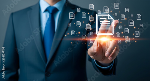 Businessman presenting document icon on hand with technology symbols around