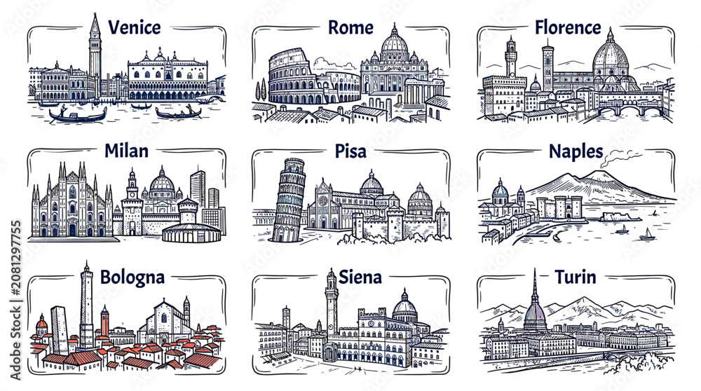 Obraz premium Italian City Skylines Collage: Venice, Rome, Florence, Milan, Pisa, Naples, Bologna, Siena, Turin