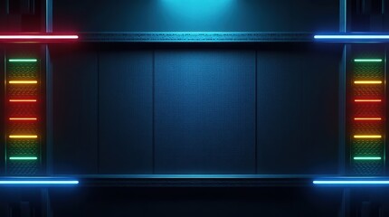 Abstract dark background with glowing neon light frames and metal texture