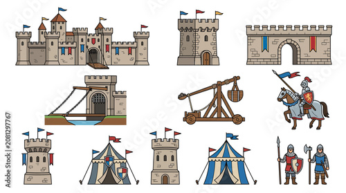 Tableau sur toile Medieval Castle Elements: Fortress, Towers, Tents, Catapult, Knights