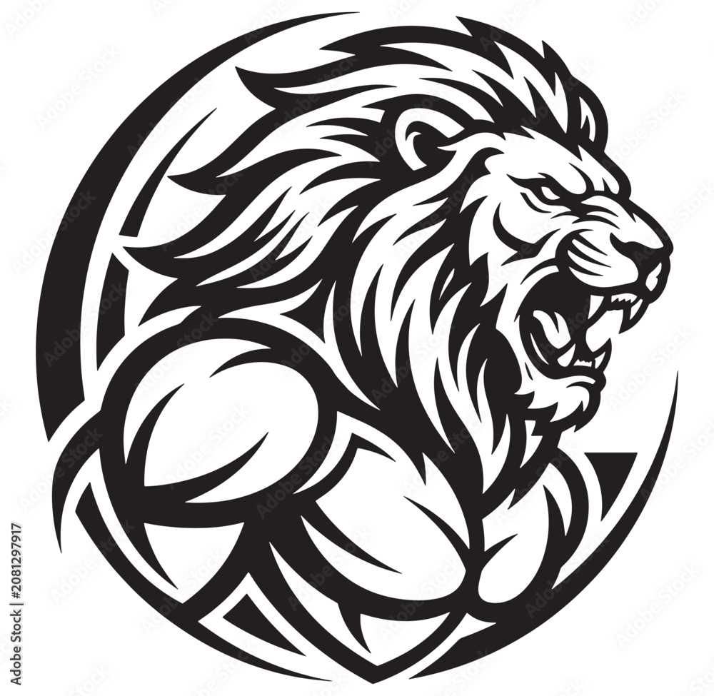 Fototapeta premium Black and white illustration of a muscular lion head with mane roaring aggressively