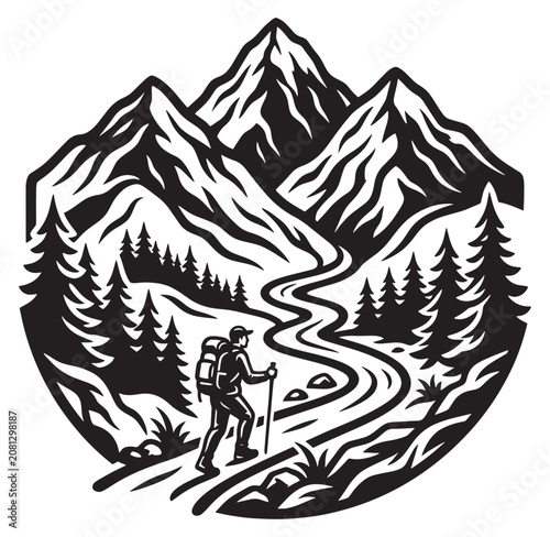 Hiker with backpack and trekking poles walking on mountain trail with trees and mountains