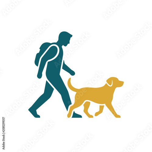A minimalist vector icon of a person hiking with their dog