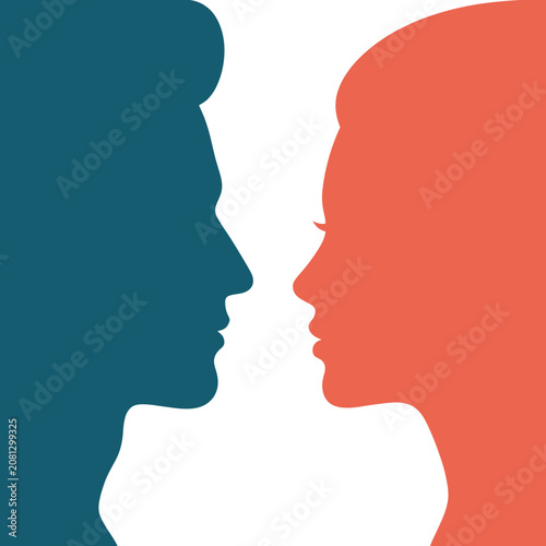 Minimalist silhouettes of a man and a woman facing each other