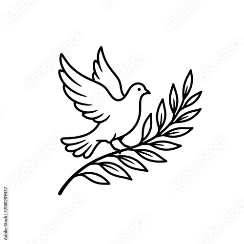 A simple black and white line art illustration of a peace dove