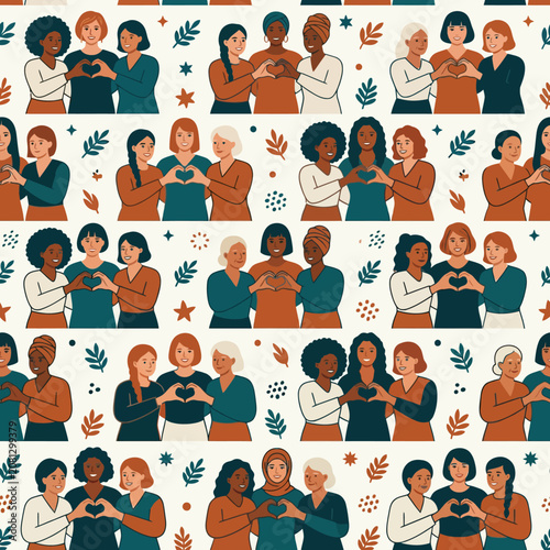 Diverse women making heart gestures in a seamless pattern