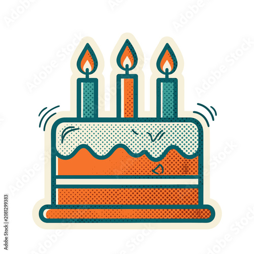 Retro sticker illustration of a birthday cake with candles