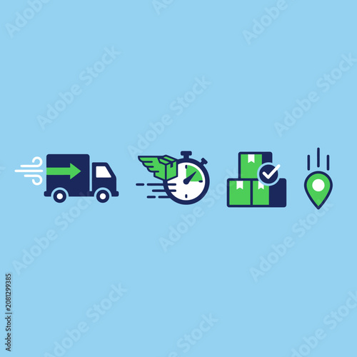 Flat vector icons representing fast delivery and shipping process