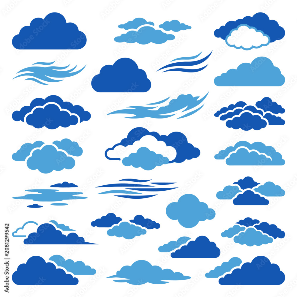 Fototapeta premium A collection of various blue cloud icons on white background