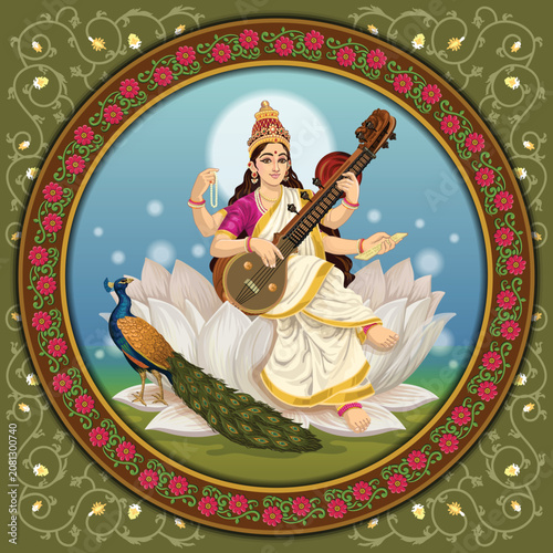 Goddess Saraswathi Seated on Lotus in a round frame