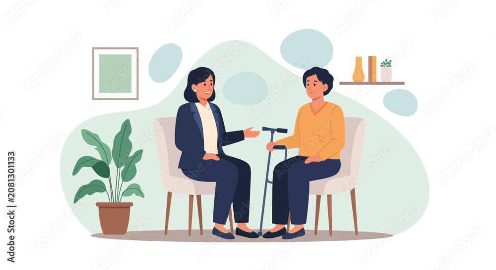 Fototapeta premium Nurse assisting elderly woman with cane in cozy living room, healthcare support