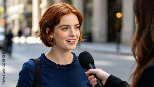 Young woman with red hair being interviewed by reporter holding microphone, urban street background, media journalism concept, public opinion survey, news gathering