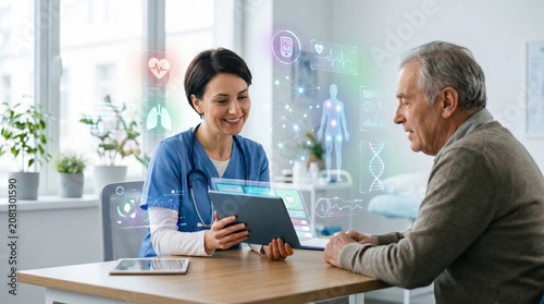 Female doctor showing medical data on tablet to senior patient with futuristic hologram interface in modern clinic, digital healthcare concept