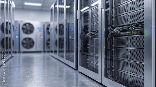 Foto Modern data center server racks with cooling systems and cables