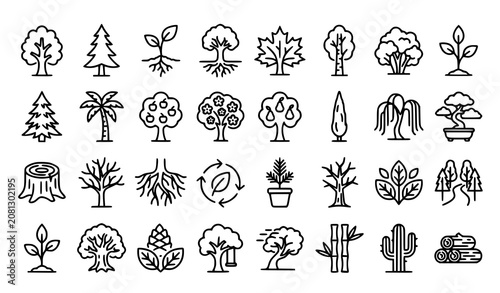 Modern Thin Tree Outline Icons with Roots Leaves Branches Fruit and Evergreen Species Editable Stroke Vector Set for Web UI and Nature Design