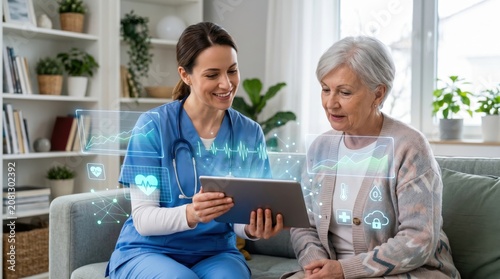 Smiling female nurse in blue scrubs showing health data on a tablet to an elderly woman at home, with holographic medical icons for telemedicine and remote patient monitoring care.