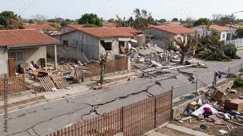 Earthquake damaged residential neighborhood in Venezuela with collapsed houses and debris