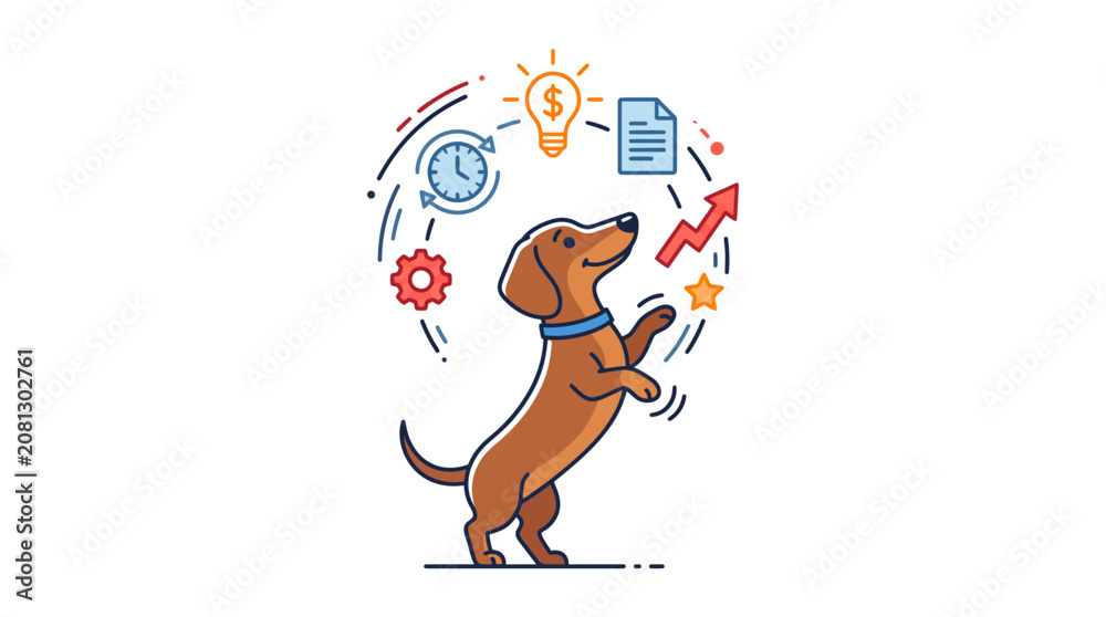 Fototapeta premium Dachshund Dog Juggling Office Tasks Abstract Flat Design Illustration