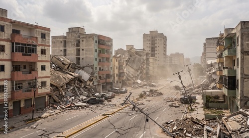 Earthquake devastated urban district in Venezuela with collapsed buildings and debris
