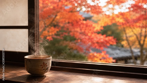 Naklejka 窓辺の湯呑みと紅葉 湯気立つお茶と秋の景色 静かな和の時間