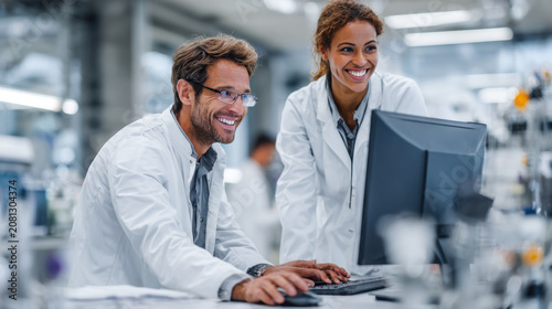 Diverse Scientific Team Collaborating on Data Analysis Using Computer Workstation in Modern Industrial Research Laboratory
