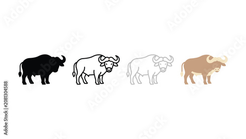A collection of four stylized vector illustrations of a water buffalo displayed side by side showing different art styles