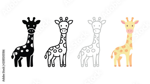 Collection of cute cartoon giraffes in different artistic styles including silhouette outline and full color illustrations of these gentle African animals