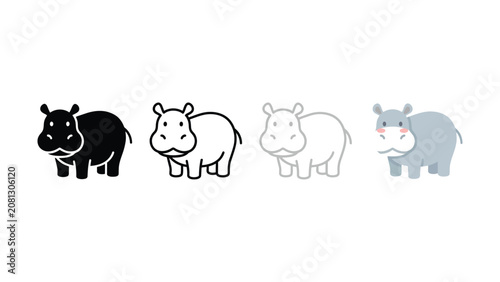 Collection of stylized cartoon hippopotamus illustrations showcasing different artistic styles and fills on a clean background