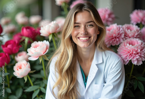 A beautiful young woman with long brown hair in a white medical coat smiles