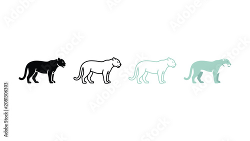 Collection of stylized lionlike animal illustrations in silhouette outline and solid fill variations