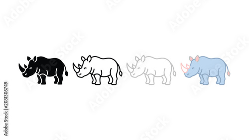 Collection of stylized rhinoceros illustrations in various graphic styles including solid black outline and color variations