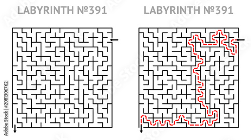 Maze challenge with answers. Complex maze path 21x21 with solution. Empty grid template for teachers. Hard.