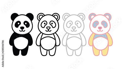 Four cute stylized panda bear icons with different color variations including black and white outline and pastel shades