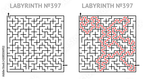 Labyrinth game grid with answers. Square labyrinth 21x21 with solution. Maze for kids activity. Easy print.