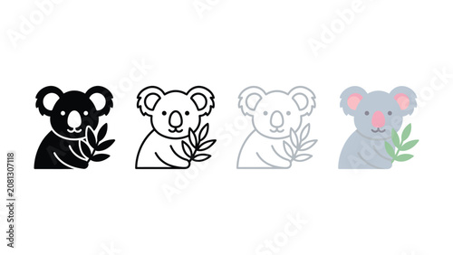 Set of four stylized koala illustrations in different graphic styles including solid black line art and color representing Australia wildlife
