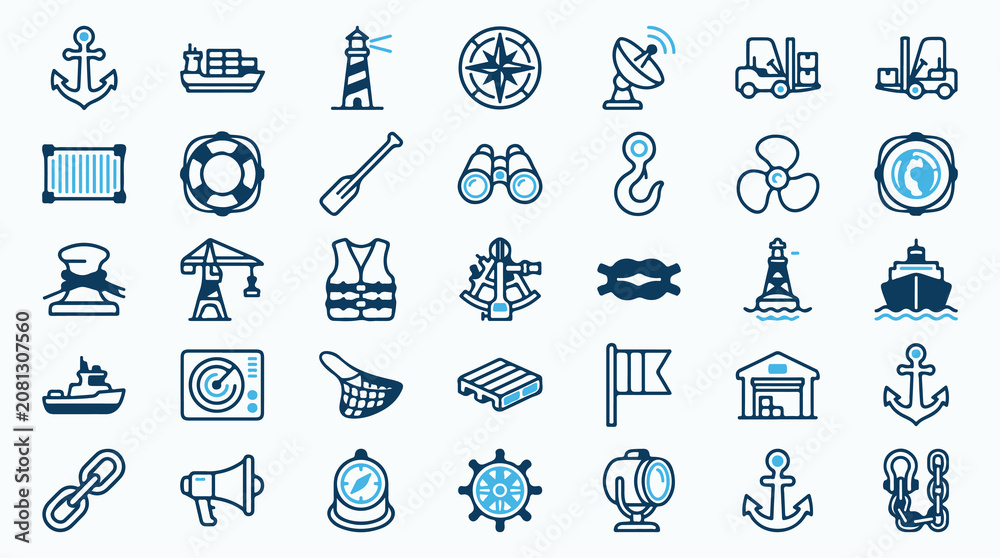 Fototapeta premium Maritime and Shipping Industry Line Icons Set