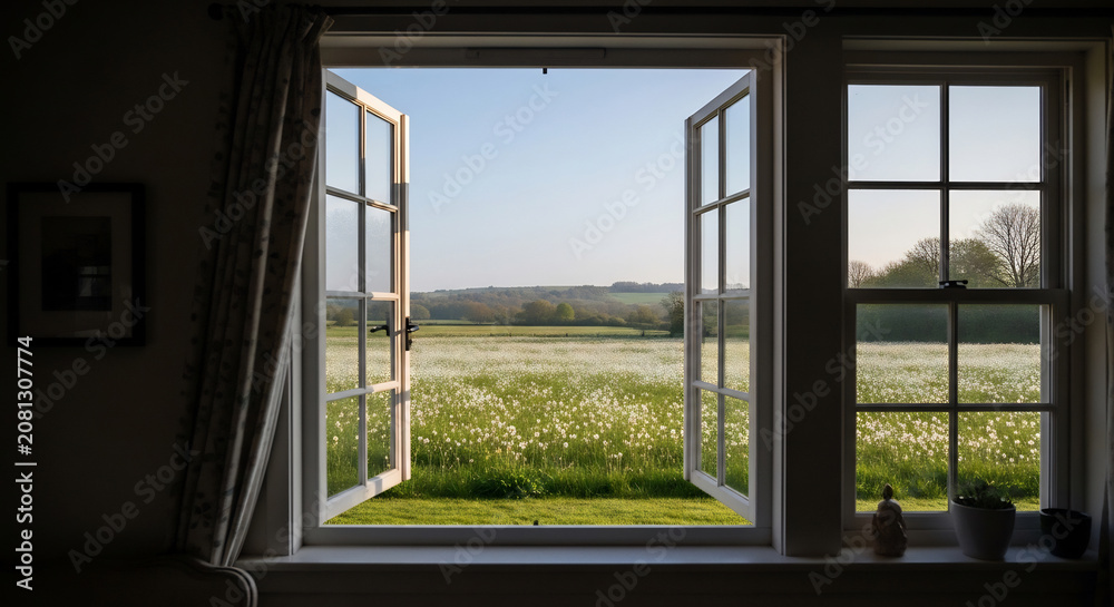Fototapeta premium View from Cottage Window over Spring Meadow