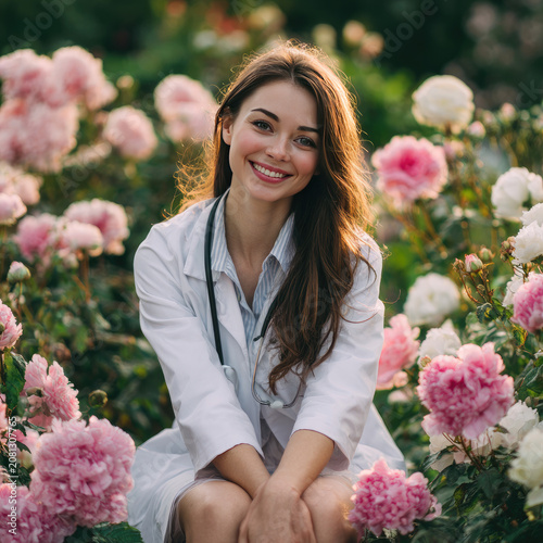 A beautiful young woman with long brown hair in a white medical coat smiles