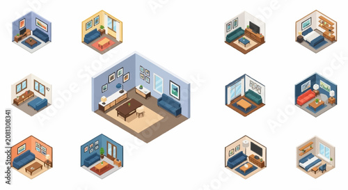 Isometric illustration of various modern interior room layouts.