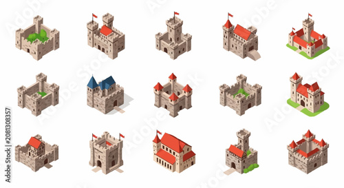 Collection of colorful isometric medieval castle illustrations.
